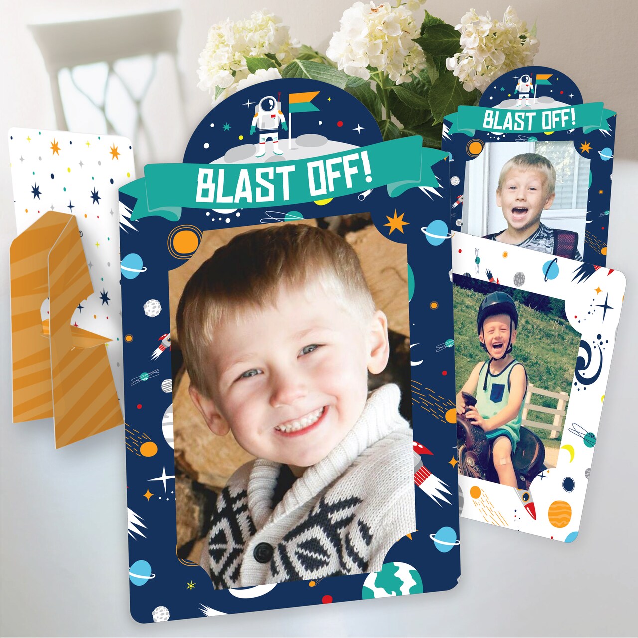 Big Dot of Happiness Blast Off to Outer Space - Rocket Ship Baby Shower or Birthday Party 4x6 Picture Display - Paper Photo Frames - Set of 12